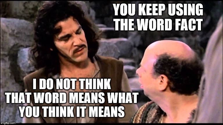 just because you say the word fact does not make it so | YOU KEEP USING THE WORD FACT; I DO NOT THINK THAT WORD MEANS WHAT YOU THINK IT MEANS | image tagged in princess bride inigo vizzini inconceivable,facts | made w/ Imgflip meme maker