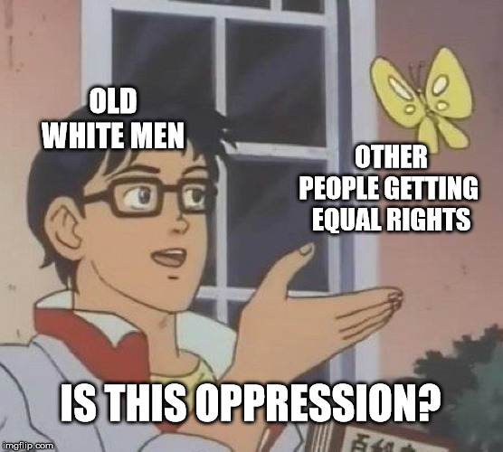 Is This A Pigeon Meme | OLD WHITE MEN; OTHER PEOPLE GETTING 
EQUAL RIGHTS; IS THIS OPPRESSION? | image tagged in memes,is this a pigeon | made w/ Imgflip meme maker