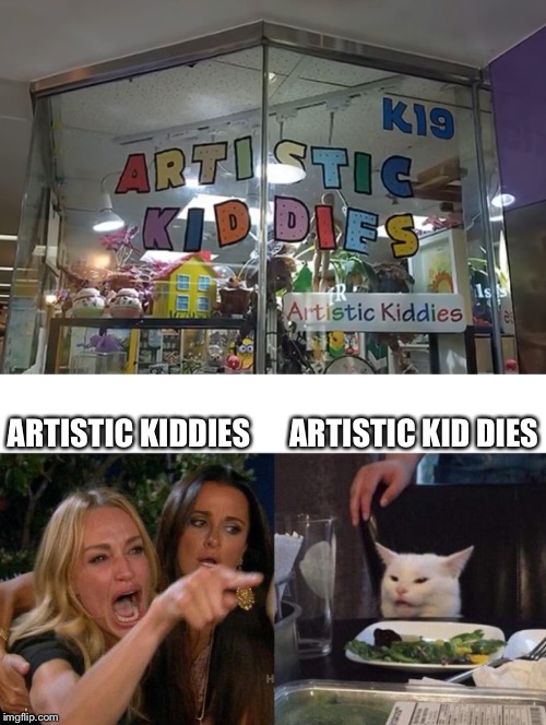 ARTISTIC KID DIES; ARTISTIC KIDDIES | image tagged in memes,woman yelling at cat | made w/ Imgflip meme maker