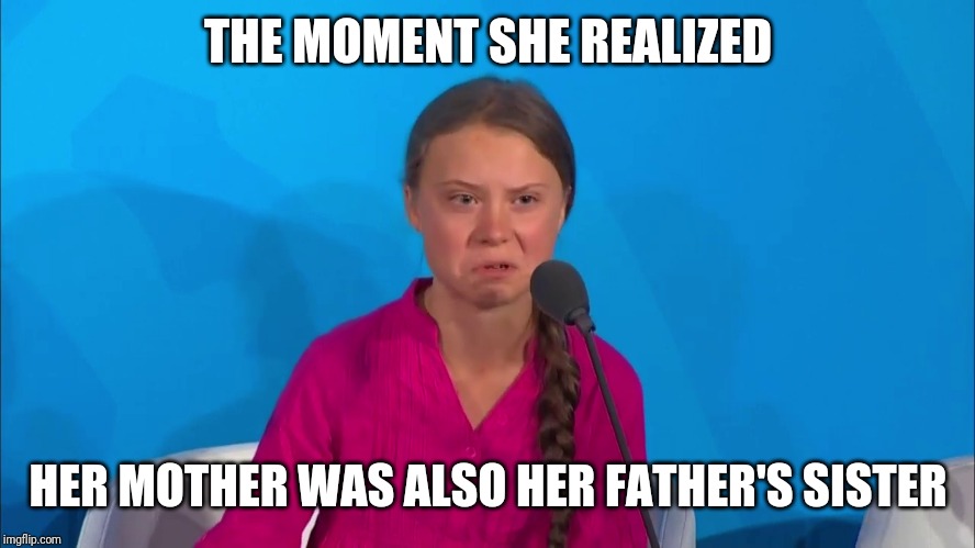 "How dare you?" - Greta Thunberg | THE MOMENT SHE REALIZED; HER MOTHER WAS ALSO HER FATHER'S SISTER | image tagged in how dare you - greta thunberg | made w/ Imgflip meme maker