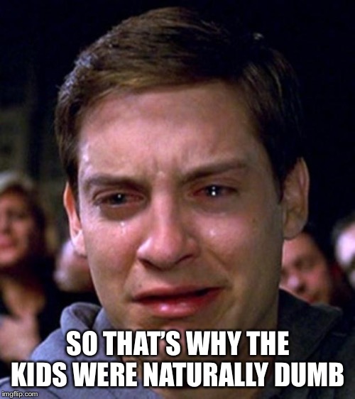 crying peter parker | SO THAT’S WHY THE KIDS WERE NATURALLY DUMB | image tagged in crying peter parker | made w/ Imgflip meme maker