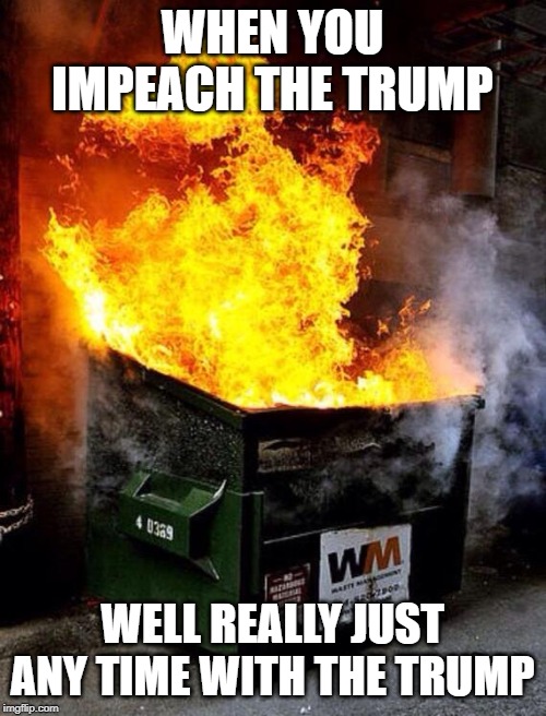 Any old time with the Trump. | WHEN YOU IMPEACH THE TRUMP WELL REALLY JUST ANY TIME WITH THE TRUMP | image tagged in dumpster fire,donald trump,trump,impeach trump,trump impeachment,lol | made w/ Imgflip meme maker