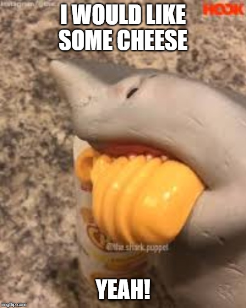 Shark Puppet Yeah Cheese | I WOULD LIKE SOME CHEESE; YEAH! | image tagged in shark puppet yeah cheese | made w/ Imgflip meme maker