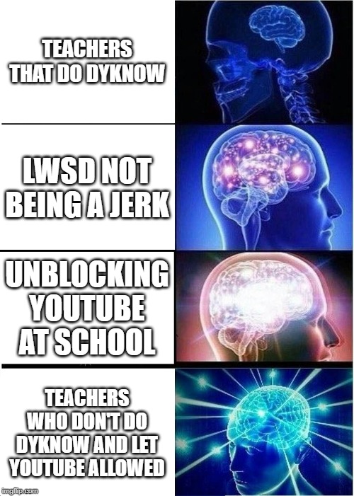 Expanding Brain | TEACHERS THAT DO DYKNOW; LWSD NOT BEING A JERK; UNBLOCKING YOUTUBE AT SCHOOL; TEACHERS WHO DON'T DO DYKNOW AND LET YOUTUBE ALLOWED | image tagged in memes,expanding brain | made w/ Imgflip meme maker