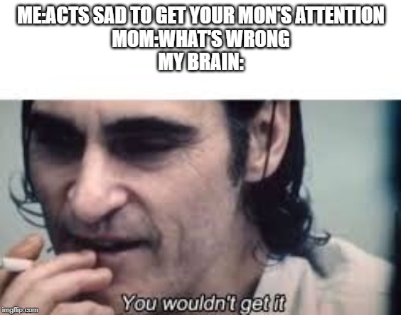 You wouldn't get it (spacing) | ME:ACTS SAD TO GET YOUR MON'S ATTENTION
MOM:WHAT'S WRONG
MY BRAIN: | image tagged in you wouldn't get it spacing | made w/ Imgflip meme maker