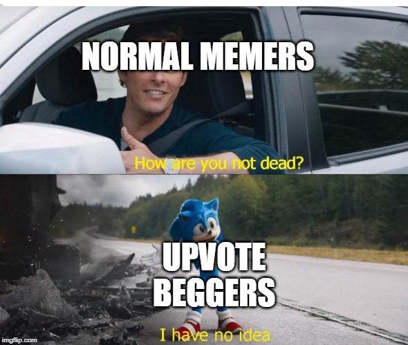 sonic how are you not dead | NORMAL MEMERS; UPVOTE BEGGERS | image tagged in sonic how are you not dead | made w/ Imgflip meme maker