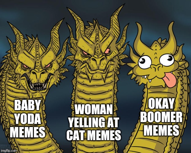 Three-headed Dragon | OKAY BOOMER MEMES; BABY YODA MEMES; WOMAN YELLING AT CAT MEMES | image tagged in memes,woman yelling at cat,baby yoda,okay,boomer,three-headed dragon | made w/ Imgflip meme maker