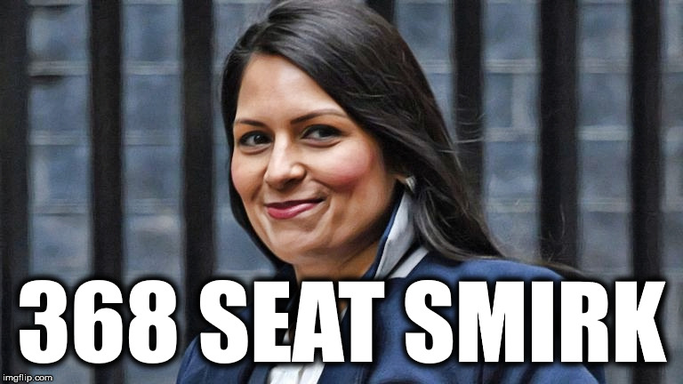 Priti Patel: 368 Seat Smirk | 368 SEAT SMIRK | image tagged in priti patel,boris johnson,brexit election 2019,smirk | made w/ Imgflip meme maker