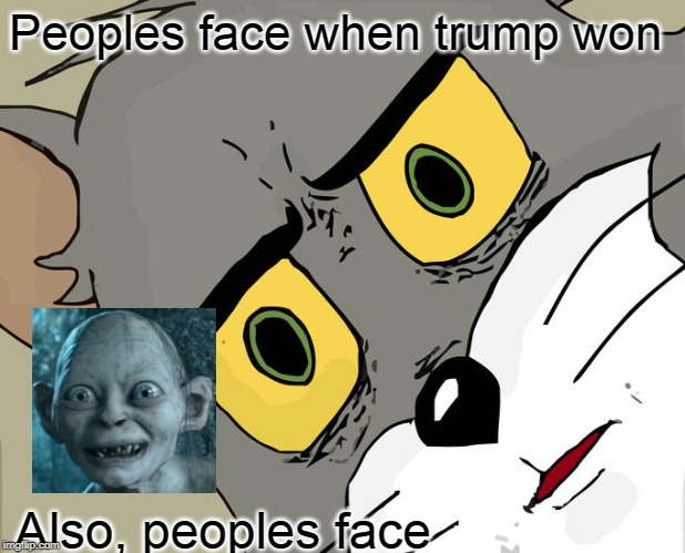 Unsettled Tom | Peoples face when trump won; Also, peoples face | image tagged in memes,unsettled tom | made w/ Imgflip meme maker