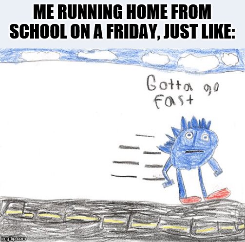 Gotta Go Fast | ME RUNNING HOME FROM SCHOOL ON A FRIDAY, JUST LIKE: | image tagged in gotta go fast | made w/ Imgflip meme maker