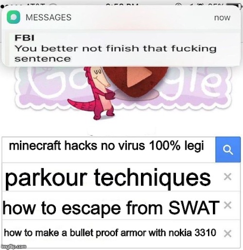 FBI you better not finish | minecraft hacks no virus 100% legi; parkour techniques; how to escape from SWAT; how to make a bullet proof armor with nokia 3310 | image tagged in fbi you better not finish | made w/ Imgflip meme maker