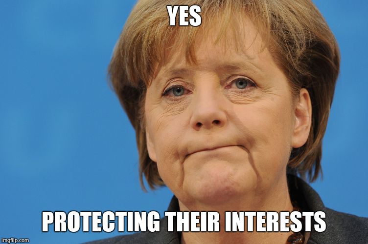 Angela Merkel Frown | YES PROTECTING THEIR INTERESTS | image tagged in angela merkel frown | made w/ Imgflip meme maker