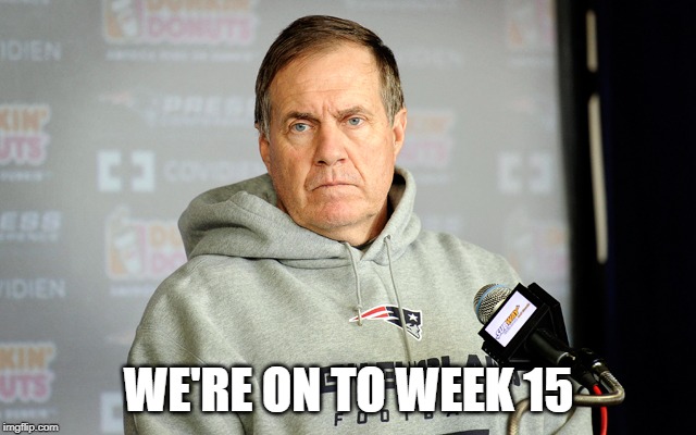 Bill Belichick Unhappy | WE'RE ON TO WEEK 15 | image tagged in bill belichick unhappy | made w/ Imgflip meme maker