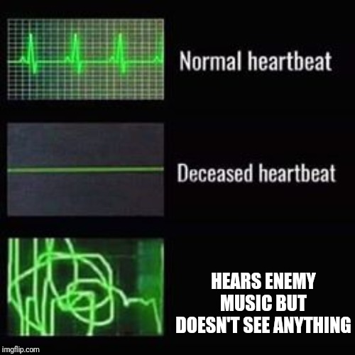 heartbeat rate | HEARS ENEMY MUSIC BUT DOESN'T SEE ANYTHING | image tagged in heartbeat rate | made w/ Imgflip meme maker