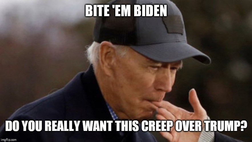 Joe Biden Finger Nibble | BITE 'EM BIDEN; DO YOU REALLY WANT THIS CREEP OVER TRUMP? | image tagged in joe biden finger nibble | made w/ Imgflip meme maker