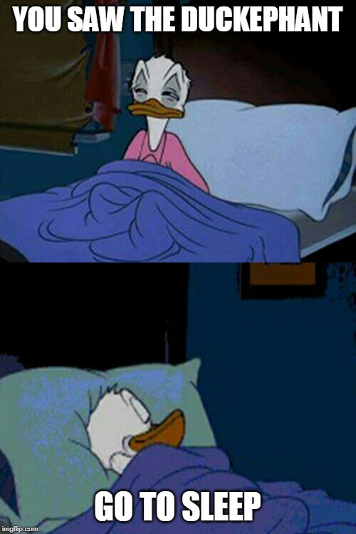 sleepy donald duck in bed | YOU SAW THE DUCKEPHANT GO TO SLEEP | image tagged in sleepy donald duck in bed | made w/ Imgflip meme maker