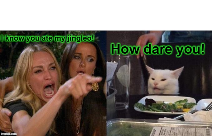 Woman Yelling At Cat Meme | I know you ate my jingleo! How dare you! | image tagged in memes,woman yelling at cat | made w/ Imgflip meme maker