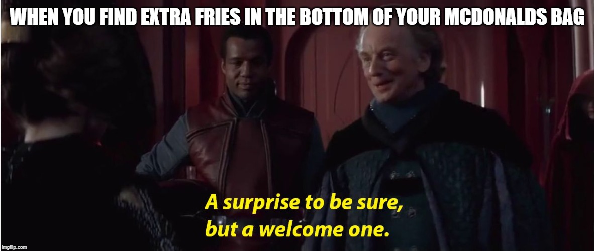 A suprise to be sure, but a welcome one | WHEN YOU FIND EXTRA FRIES IN THE BOTTOM OF YOUR MCDONALDS BAG | image tagged in a suprise to be sure but a welcome one | made w/ Imgflip meme maker