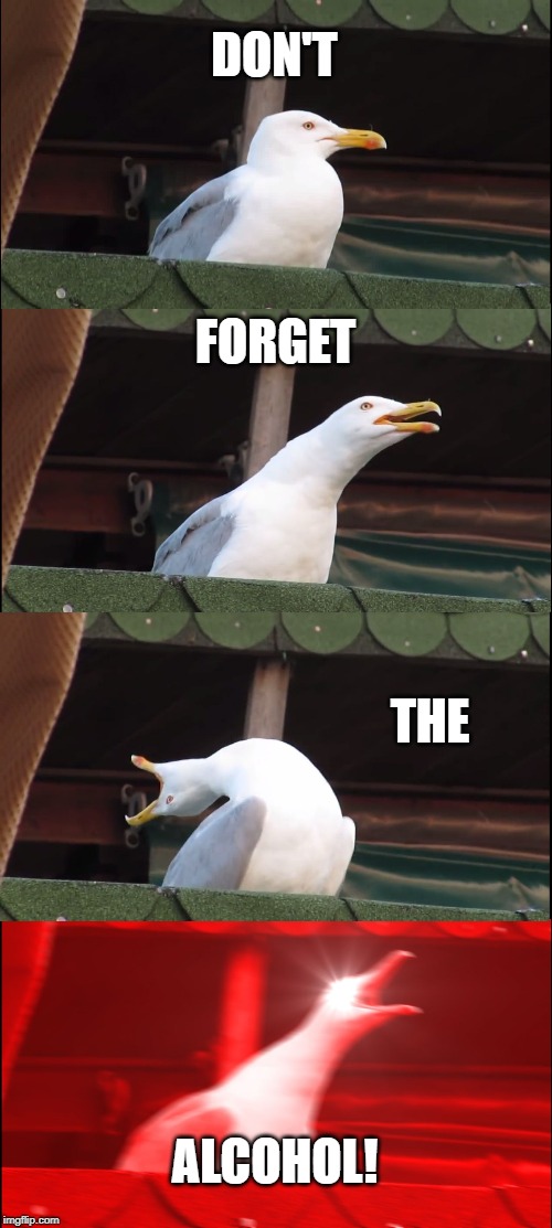 Inhaling Seagull | DON'T; FORGET; THE; ALCOHOL! | image tagged in memes,inhaling seagull | made w/ Imgflip meme maker