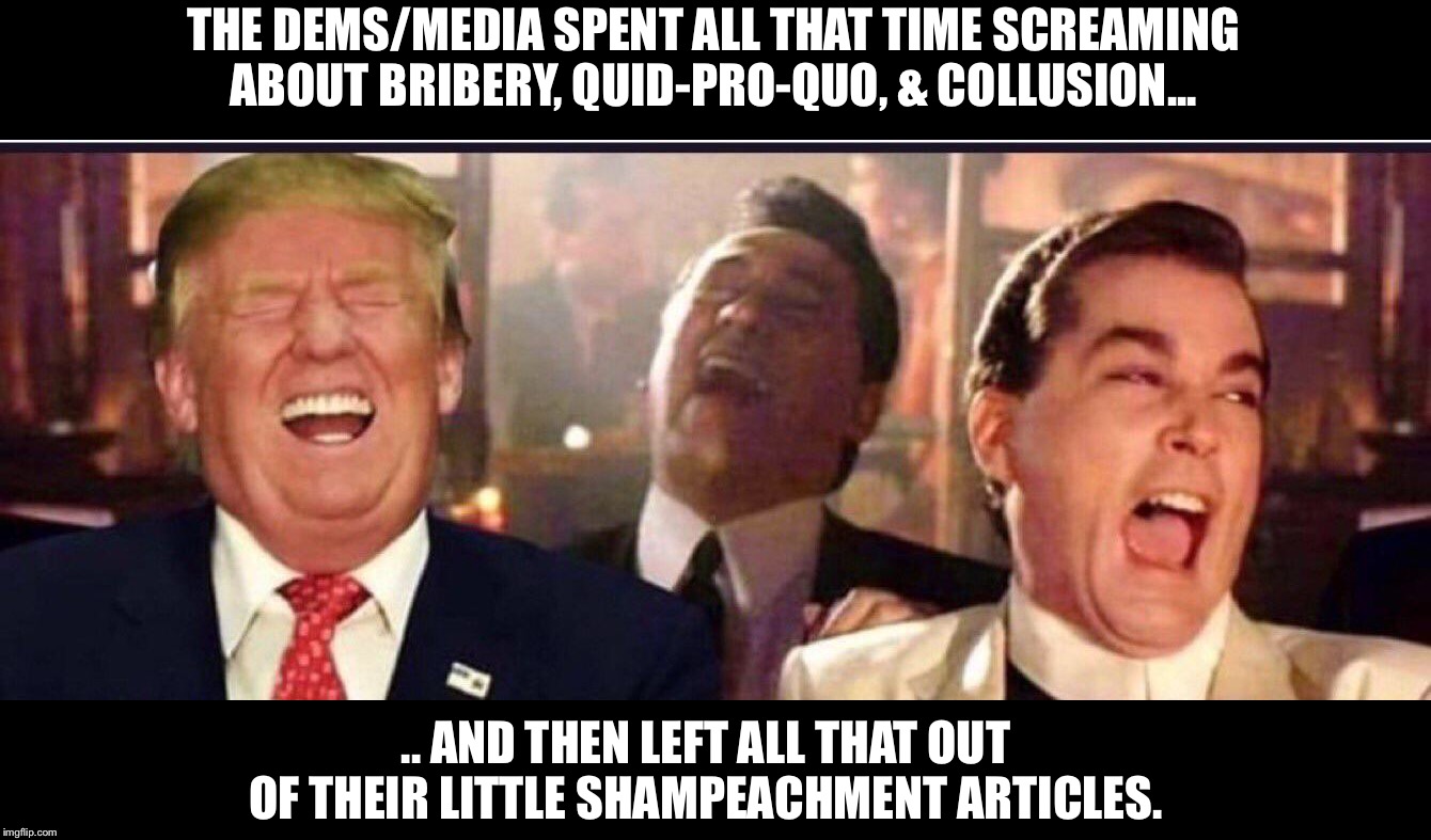 Lol!  Abuse of power and obstruction of Congress!?!?  WEAK!!!  Bwahahahahaha!! | THE DEMS/MEDIA SPENT ALL THAT TIME SCREAMING ABOUT BRIBERY, QUID-PRO-QUO, & COLLUSION... .. AND THEN LEFT ALL THAT OUT OF THEIR LITTLE SHAMPEACHMENT ARTICLES. | image tagged in maga | made w/ Imgflip meme maker