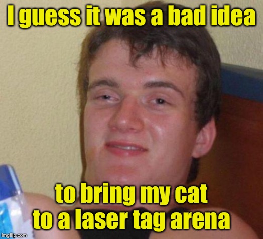 Laser tag | I guess it was a bad idea; to bring my cat to a laser tag arena | image tagged in stoned guy,laser,cat | made w/ Imgflip meme maker