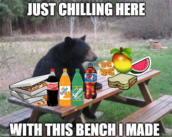 Picnic Bear | JUST CHILLING HERE; WITH THIS BENCH I MADE | image tagged in memes | made w/ Imgflip meme maker