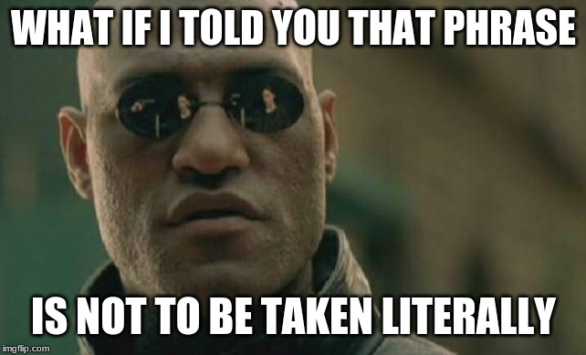 Matrix Morpheus Meme | WHAT IF I TOLD YOU THAT PHRASE IS NOT TO BE TAKEN LITERALLY | image tagged in memes,matrix morpheus | made w/ Imgflip meme maker