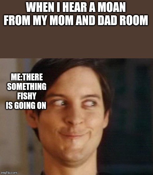 Spiderman Peter Parker Meme | WHEN I HEAR A MOAN FROM MY MOM AND DAD ROOM; ME:THERE SOMETHING FISHY IS GOING ON | image tagged in memes,spiderman peter parker | made w/ Imgflip meme maker