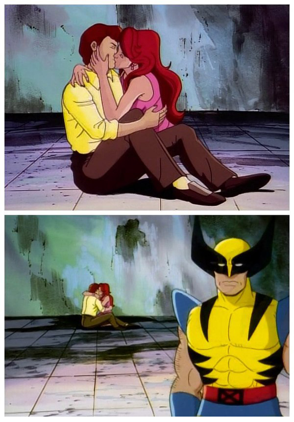 Couple makes out while Wolverine looks disappointed Blank Meme Template