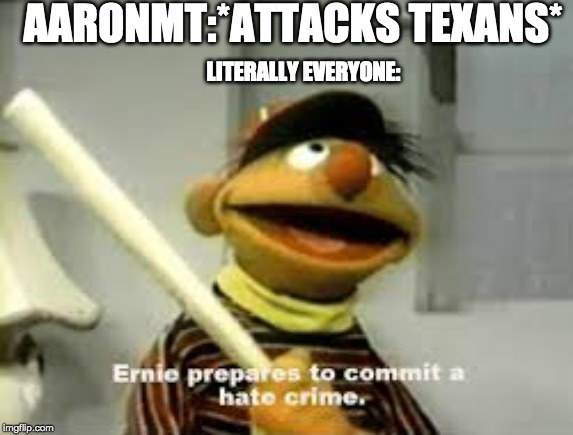 Ernie Prepares to commit a hate crime | AARONMT:*ATTACKS TEXANS*; LITERALLY EVERYONE: | image tagged in ernie prepares to commit a hate crime | made w/ Imgflip meme maker