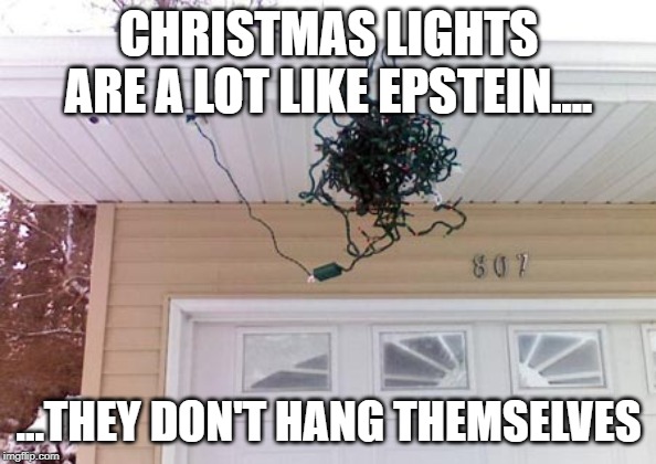 Christmas lights | CHRISTMAS LIGHTS ARE A LOT LIKE EPSTEIN.... ...THEY DON'T HANG THEMSELVES | image tagged in christmas lights | made w/ Imgflip meme maker