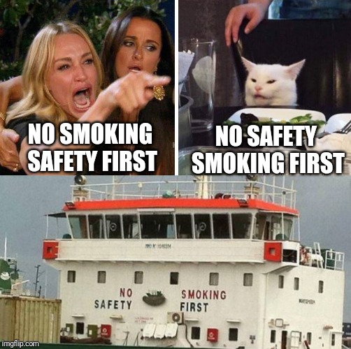 NO SMOKING  SAFETY FIRST; NO SAFETY  SMOKING FIRST | image tagged in smudge the cat | made w/ Imgflip meme maker
