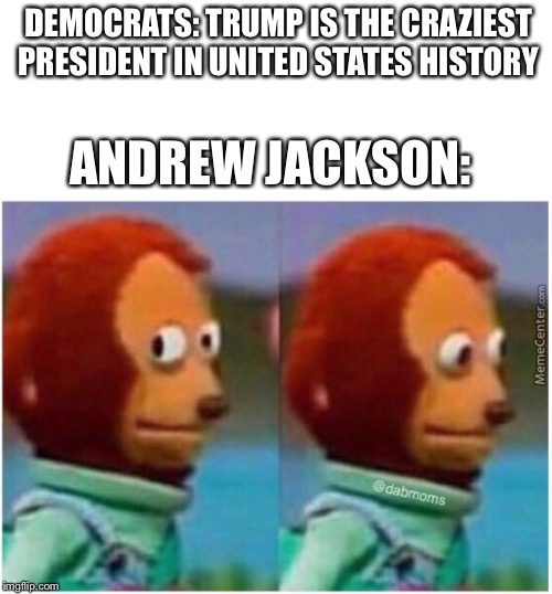 awkward | DEMOCRATS: TRUMP IS THE CRAZIEST PRESIDENT IN UNITED STATES HISTORY; ANDREW JACKSON: | image tagged in awkward | made w/ Imgflip meme maker