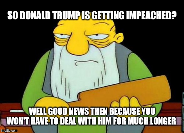 That's a paddlin' | SO DONALD TRUMP IS GETTING IMPEACHED? WELL GOOD NEWS THEN BECAUSE YOU WON'T HAVE TO DEAL WITH HIM FOR MUCH LONGER | image tagged in memes,that's a paddlin',trump | made w/ Imgflip meme maker