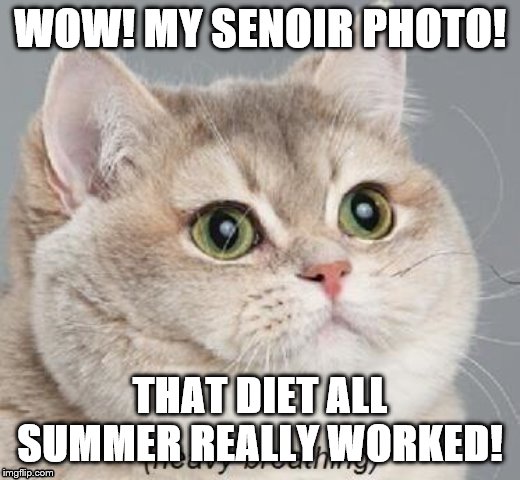 Heavy Breathing Cat | WOW! MY SENOIR PHOTO! THAT DIET ALL SUMMER REALLY WORKED! | image tagged in memes,heavy breathing cat | made w/ Imgflip meme maker