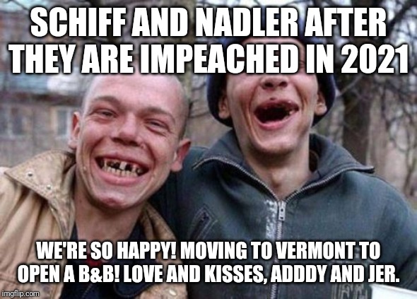 Schiff and Nadler Making Stupidity Great Again | SCHIFF AND NADLER AFTER THEY ARE IMPEACHED IN 2021; WE'RE SO HAPPY! MOVING TO VERMONT TO OPEN A B&B! LOVE AND KISSES, ADDDY AND JER. | image tagged in liberal logic,adam schiff,special kind of stupid,stupid people,maga,donald trump | made w/ Imgflip meme maker