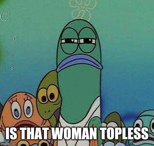 Squinting fish from Spongebob  | IS THAT WOMAN TOPLESS | image tagged in squinting fish from spongebob | made w/ Imgflip meme maker