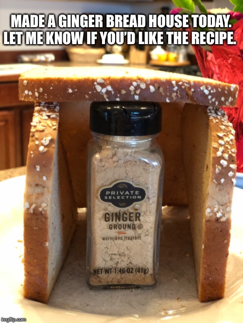 Ginger Bread House | MADE A GINGER BREAD HOUSE TODAY. LET ME KNOW IF YOU’D LIKE THE RECIPE. | image tagged in gingerbread,christmas,puns | made w/ Imgflip meme maker