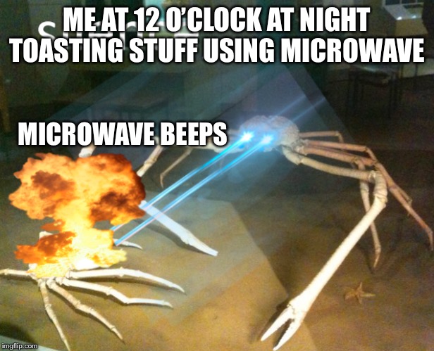 Silence Crab | ME AT 12 O’CLOCK AT NIGHT TOASTING STUFF USING MICROWAVE; MICROWAVE BEEPS | image tagged in silence crab | made w/ Imgflip meme maker