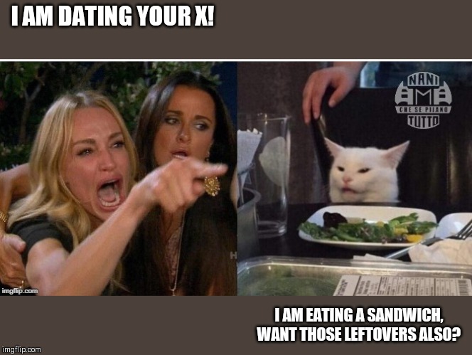 white cat table | I AM DATING YOUR X! I AM EATING A SANDWICH, WANT THOSE LEFTOVERS ALSO? | image tagged in white cat table | made w/ Imgflip meme maker