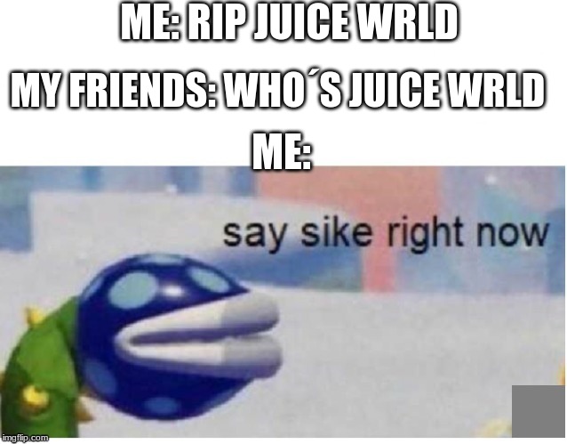 say sike right now | ME: RIP JUICE WRLD; MY FRIENDS: WHO´S JUICE WRLD; ME: | image tagged in say sike right now | made w/ Imgflip meme maker