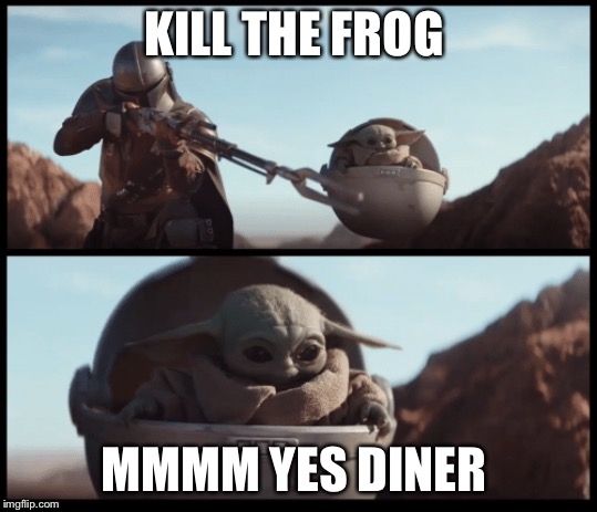 Baby Yoda Shoot | KILL THE FROG; MMMM YES DINER | image tagged in baby yoda shoot | made w/ Imgflip meme maker