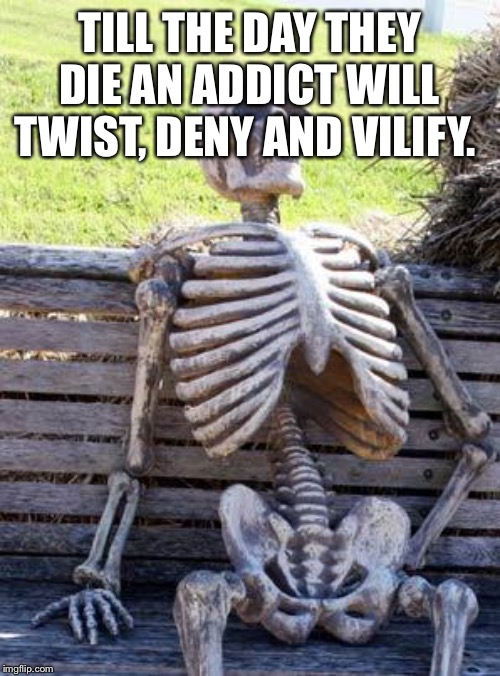 Waiting Skeleton | TILL THE DAY THEY DIE AN ADDICT WILL TWIST, DENY AND VILIFY. | image tagged in memes,waiting skeleton | made w/ Imgflip meme maker