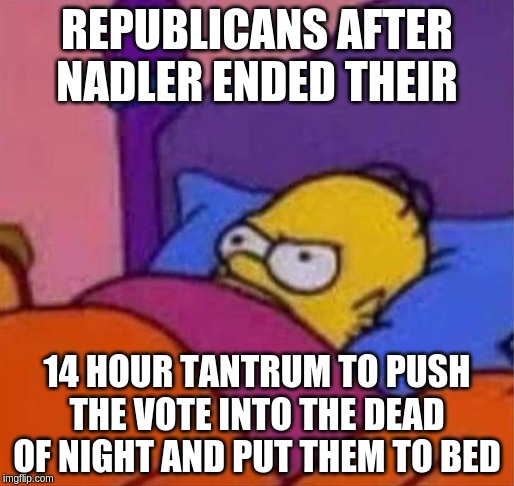 Goehmert Simpson | REPUBLICANS AFTER NADLER ENDED THEIR; 14 HOUR TANTRUM TO PUSH THE VOTE INTO THE DEAD OF NIGHT AND PUT THEM TO BED | image tagged in angry homer simpson in bed,memes,political | made w/ Imgflip meme maker