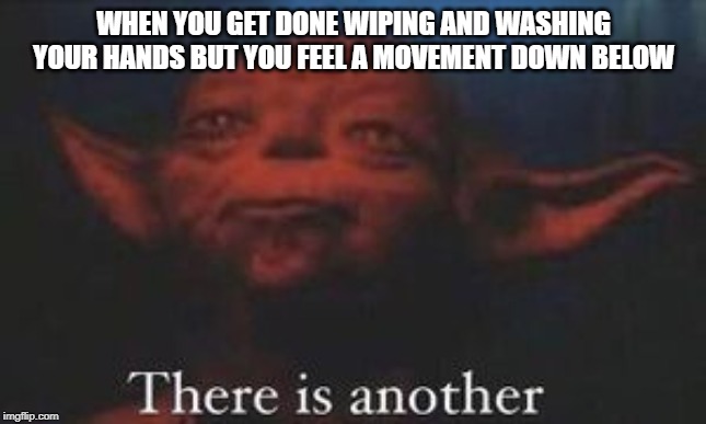 yoda there is another | WHEN YOU GET DONE WIPING AND WASHING YOUR HANDS BUT YOU FEEL A MOVEMENT DOWN BELOW | image tagged in yoda there is another,poop,bathroom humor,pooping,toilet humor,star wars | made w/ Imgflip meme maker