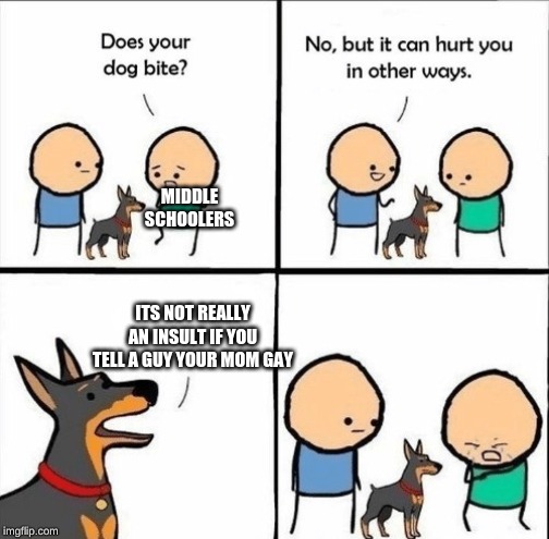 does your dog bite | MIDDLE SCHOOLERS; ITS NOT REALLY AN INSULT IF YOU TELL A GUY YOUR MOM GAY | image tagged in does your dog bite | made w/ Imgflip meme maker