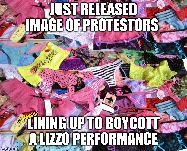 Save the Thongs. Boycott LIZZO | JUST RELEASED IMAGE OF PROTESTORS; LINING UP TO BOYCOTT A LIZZO PERFORMANCE; GT_FOHGOP | image tagged in lizzo,thongs,panties,fat ass | made w/ Imgflip meme maker