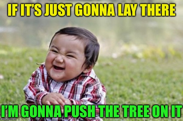 Evil Toddler Meme | IF IT’S JUST GONNA LAY THERE I’M GONNA PUSH THE TREE ON IT | image tagged in memes,evil toddler | made w/ Imgflip meme maker