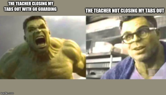 when the teacher closes your tabs | THE TEACHER NOT CLOSING MY TABS OUT; THE TEACHER CLOSING MY TABS OUT WITH GO GUARDING | image tagged in hulk,school,meme | made w/ Imgflip meme maker