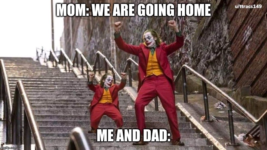 Joker and mini joker | MOM: WE ARE GOING HOME; ME AND DAD: | image tagged in joker and mini joker | made w/ Imgflip meme maker